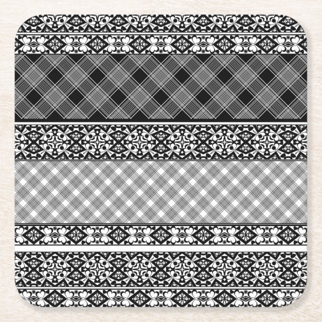 Black and white striped patchwork with lace square paper coaster (Front)