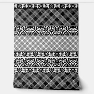 Black and white striped patchwork with lace wallpaper