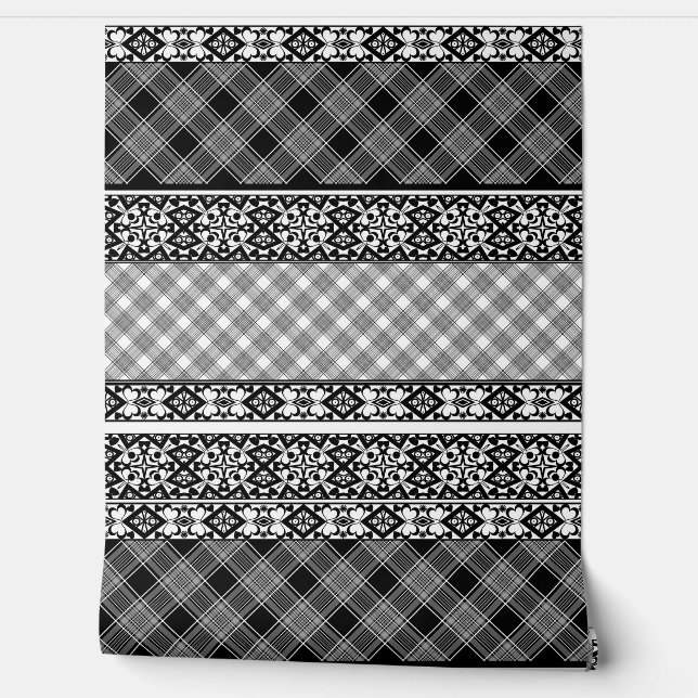 Black and white striped patchwork with lace wallpaper (Unrolling)