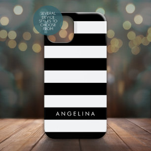 Black and White Striped Pattern and Modern Name iPhone 13 Mini Case