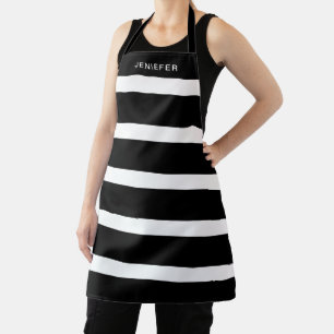 Black and White Striped Pattern Custom Name Apron