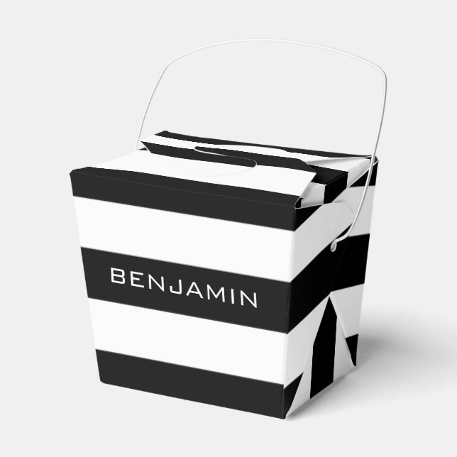 Black and White Striped Pattern Custom Name Favour Box (Front Side)
