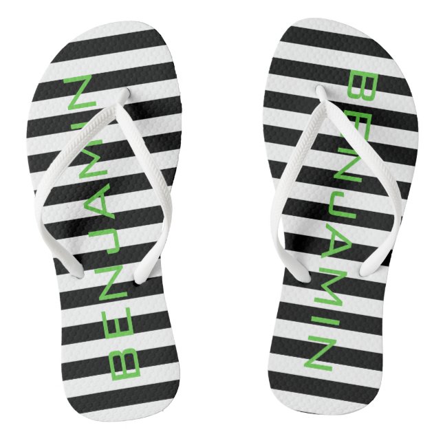 Black and White Striped Pattern Custom Name Jandals (Footbed)