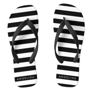 Black and White Striped Pattern Custom Name Jandals