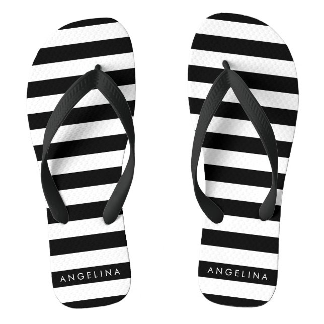 Black and White Striped Pattern Custom Name Jandals (Footbed)