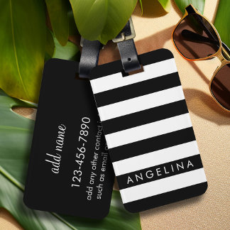 Black and White Striped Pattern Custom Name Luggage Tag
