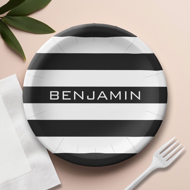 Black and White Striped Pattern Custom Name Paper Plate (Custom Paper Plate)