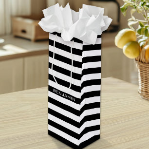 Black and White Striped Pattern Custom Name Wine Gift Bag