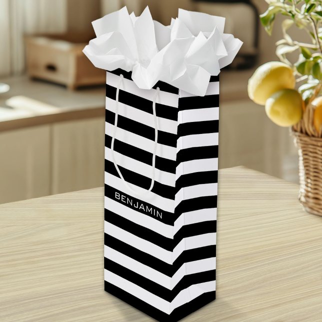 Black and White Striped Pattern Custom Name Wine Gift Bag (Custom Gift Bag)
