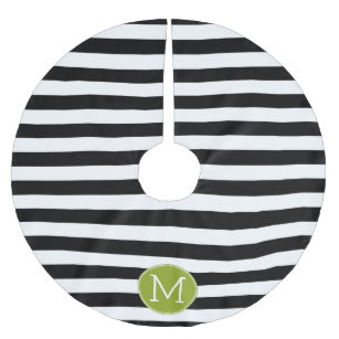 Black and White Striped Pattern Green Monogram Brushed Polyester Tree Skirt