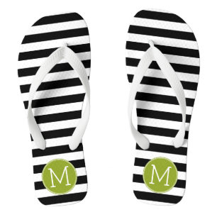 Black and White Striped Pattern Green Monogram Jandals