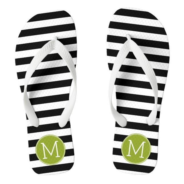 Black and White Striped Pattern Green Monogram Jandals (Footbed)