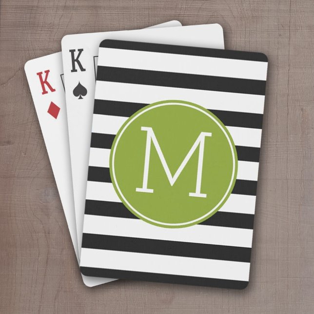 Black and White Striped Pattern Green Monogram Playing Cards (Green and Black stripes with monogram - personalized playing cards)