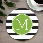 Black and White Striped Pattern Green Monogram Round Paper Coaster<br><div class="desc">A simple design with an area for monograms. If you need to adjust the artwork or change the font,  you can click on the customise area. This will take you to the design tool where you can make many changes.</div>