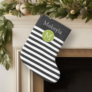 Black and White Striped Pattern Green Monogram Small Christmas Stocking