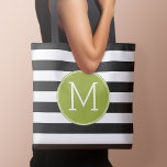 Black and White Striped Pattern Green Monogram Tote Bag<br><div class="desc">A simple design with an area for monograms. If you need to adjust the artwork or change the font,  you can click on the customise area. This will take you to the design tool where you can make many changes.</div>