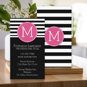 Black and White Striped Pattern Hot Pink Monogram Business Card