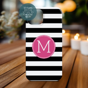 Black and White Striped Pattern Hot Pink Monogram iPhone 16 Case