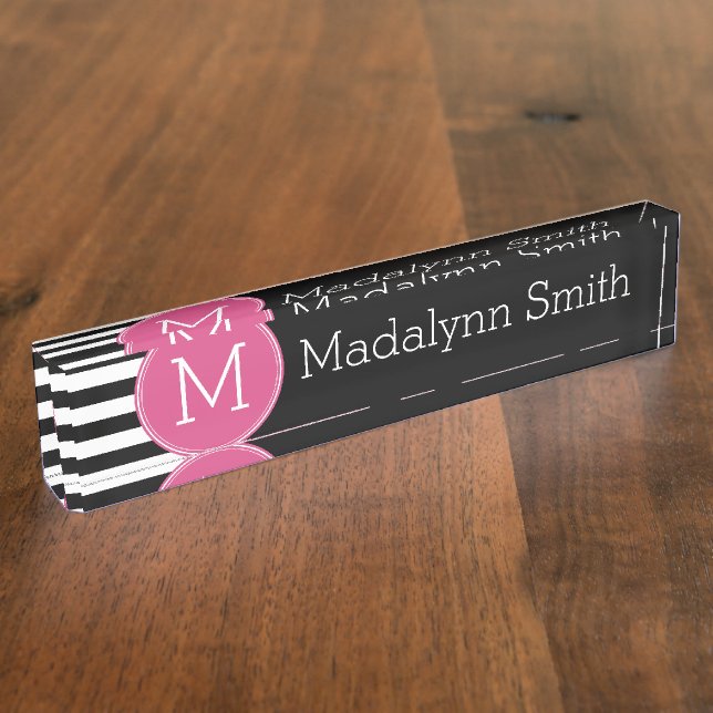 Black and White Striped Pattern Hot Pink Monogram Nameplate (Side)