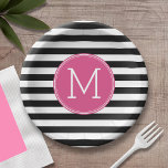 Black and White Striped Pattern Hot Pink Monogram Paper Plate<br><div class="desc">A simple design with an area for monograms. If you need to adjust the artwork or change the font,  you can click on the customise area. This will take you to the design tool where you can make many changes.</div>