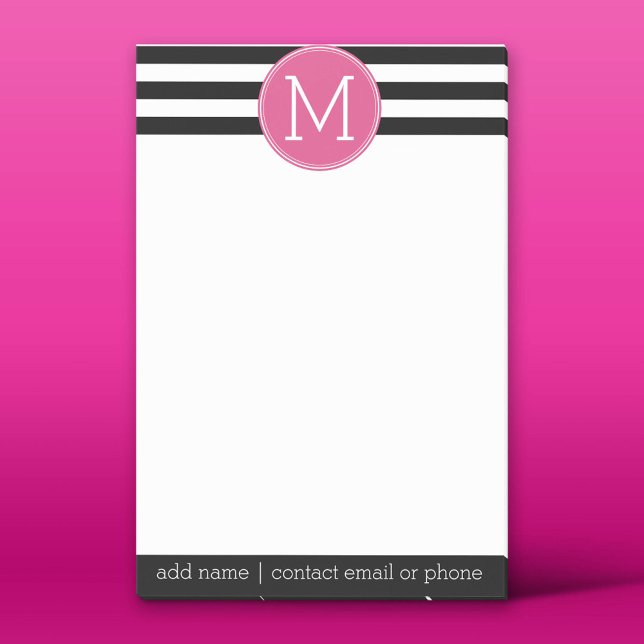 Black and White Striped Pattern Hot Pink Monogram Post-it Notes (Custom Post-it Notepad)