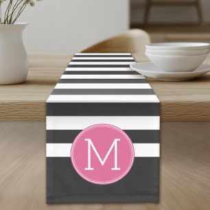 Black and White Striped Pattern Hot Pink Monogram Short Table Runner