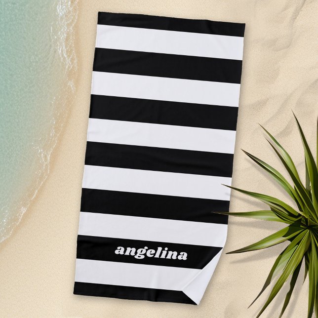 Black and White Striped Pattern Modern Name Beach Towel (Personalized Beach Towel)