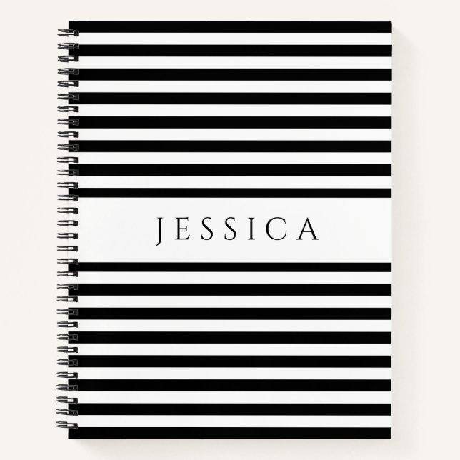 Black And White Striped Pattern Name Notebook (Front)