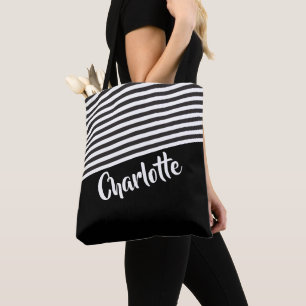 Black and White Striped Pattern Personalised Tote Bag