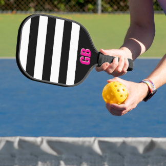 Black and White Striped Pattern Pink Monogram Pickleball Paddle