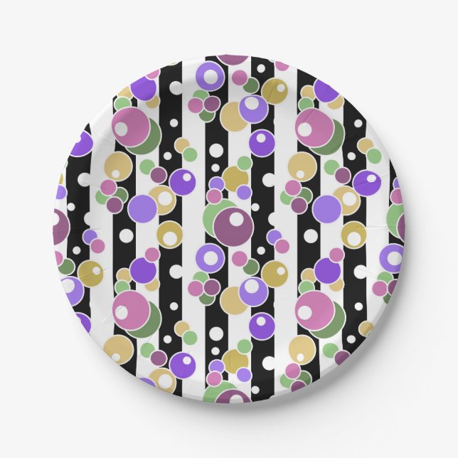black and white, striped pattern, polka dots paper plate (Front)