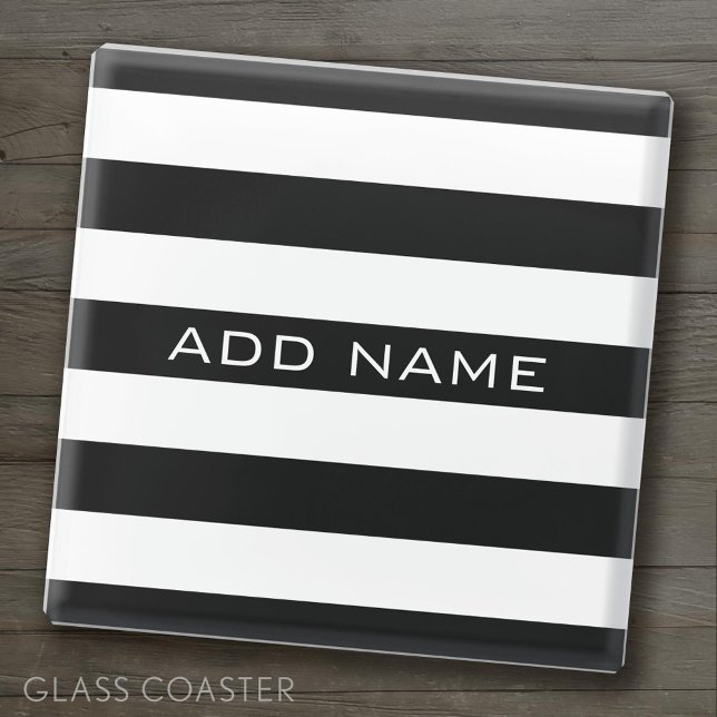Black and White Striped Pattern with Name Glass Coaster (Glass Custom Coaster)