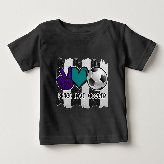 Black and White Striped Peace Love Soccer Baby T-Shirt (Front)