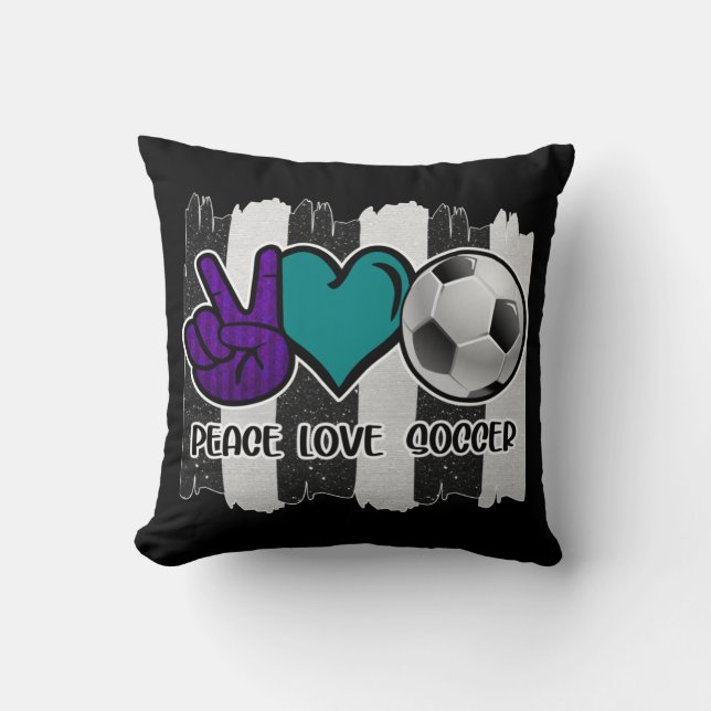 Black and White Striped Peace Love Soccer Cushion (Front)