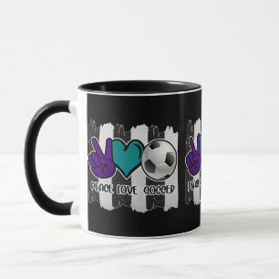 Black and White Striped Peace Love Soccer Mug