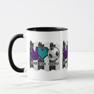 Black and White Striped Peace Love Soccer Mug