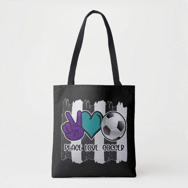 Black and White Striped Peace Love Soccer Tote Bag (Front)