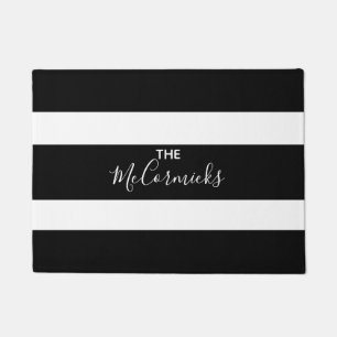 Black and White Striped Personalised Script Doormat