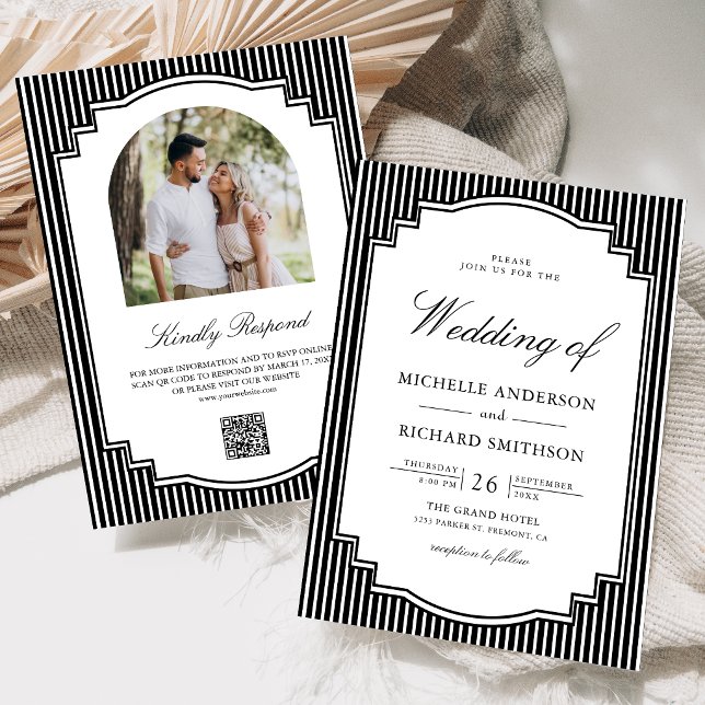 Black and White Striped Photo QR Code Wedding Invitation (Creator Uploaded)