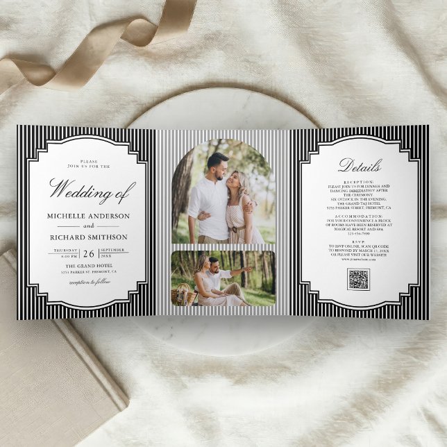 Black and White Striped Photo QR Code Wedding Tri-Fold Invitation (Creator Uploaded)
