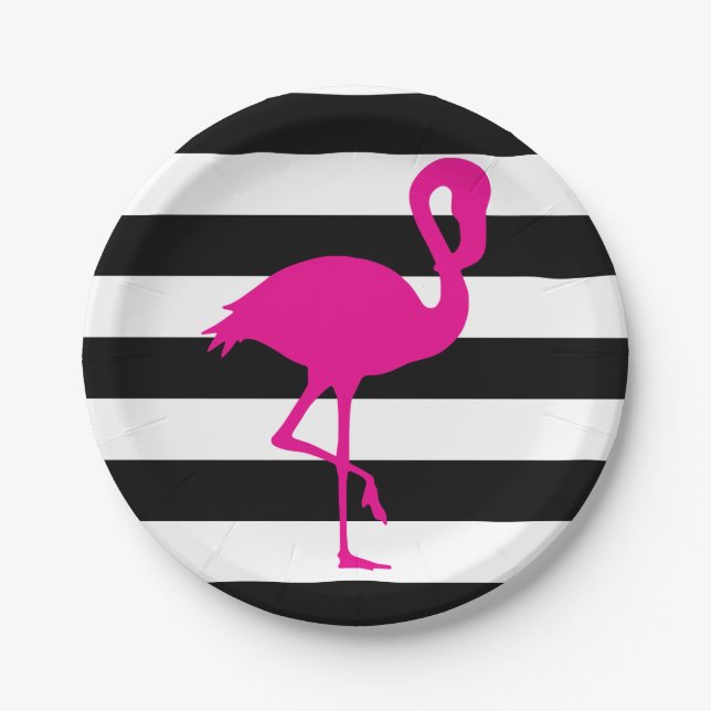 Black and White Striped Pink Flamingo Paper Plate (Front)