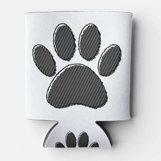 Black and White Striped Puppy Paw Print Can Cooler (Front)