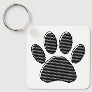 Black and White Striped Puppy Paw Print Key Ring