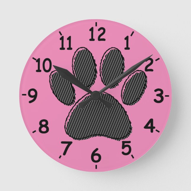 Black and White Striped Puppy Paw Print On Pink Round Clock (Front)