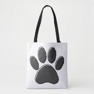 Black and White Striped Puppy Paw Print Tote Bag