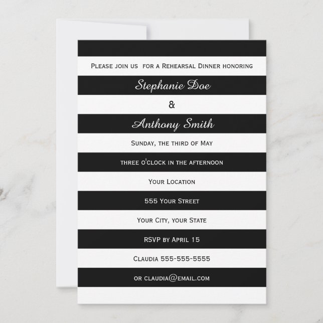 Black and White Striped Rehearsal Dinner Invitation (Front)