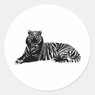 Black and White Striped Relaxing Tiger Silhouette Classic Round Sticker