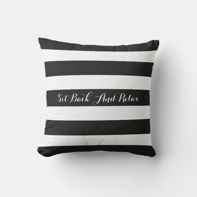 black and white striped 'sit back and relax' outdoor cushion (Front)