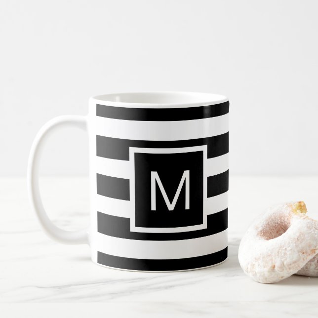 Black and White Striped Square Monogram Coffee Mug (With Donut)