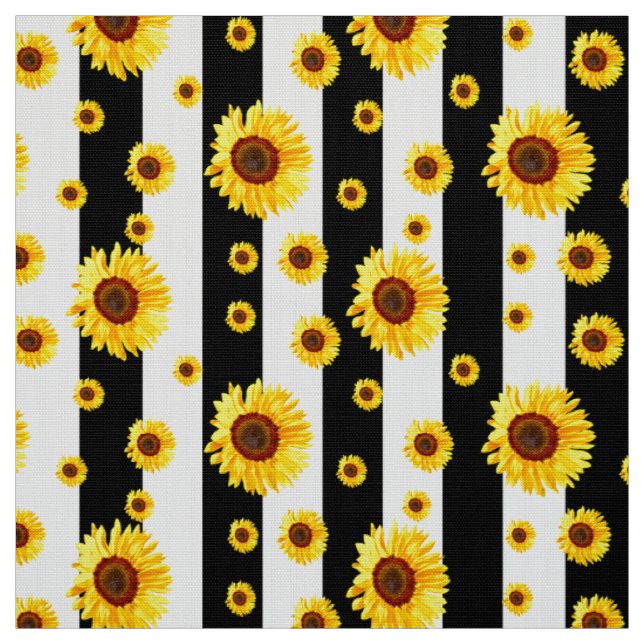 Black and White Striped Sunflower  Fabric (Swatch)